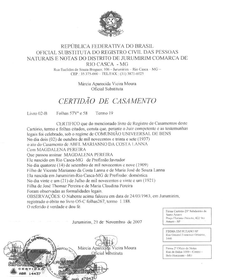 Certidão de Abel Mariano Lana e Madalena Pereira