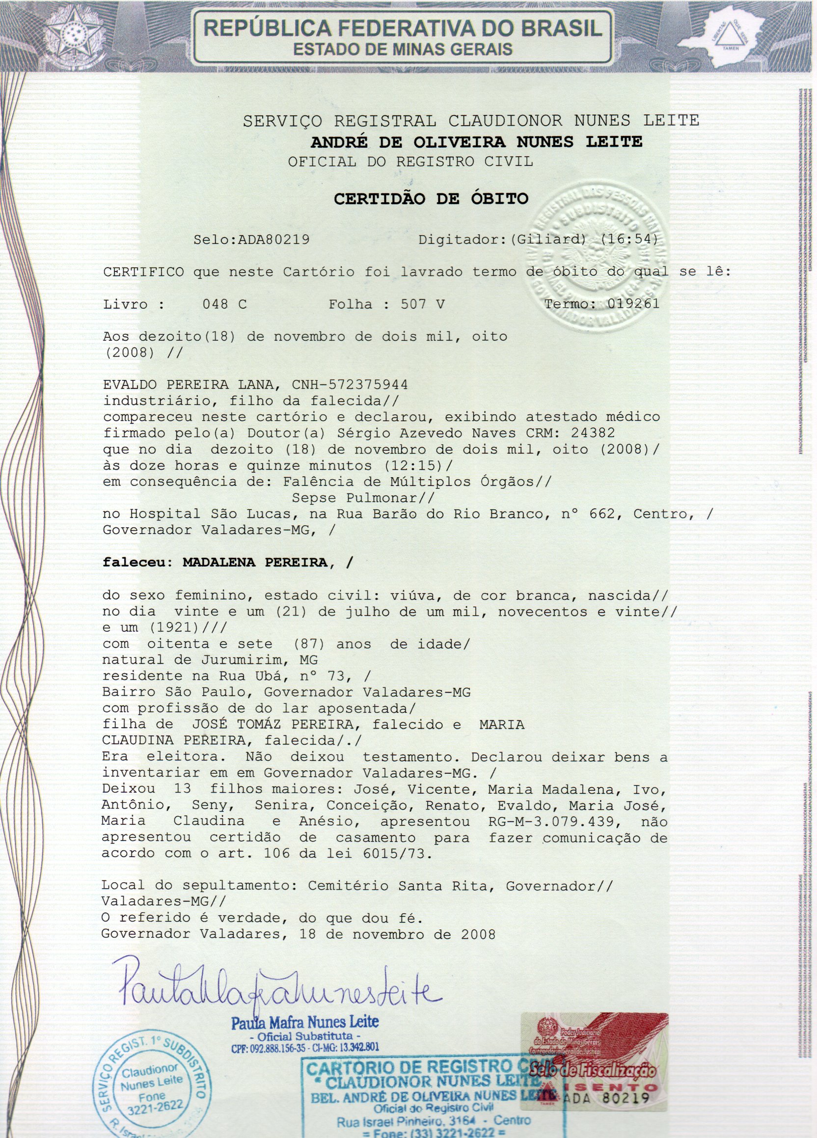 Certidão de Madalena Pereira Lana