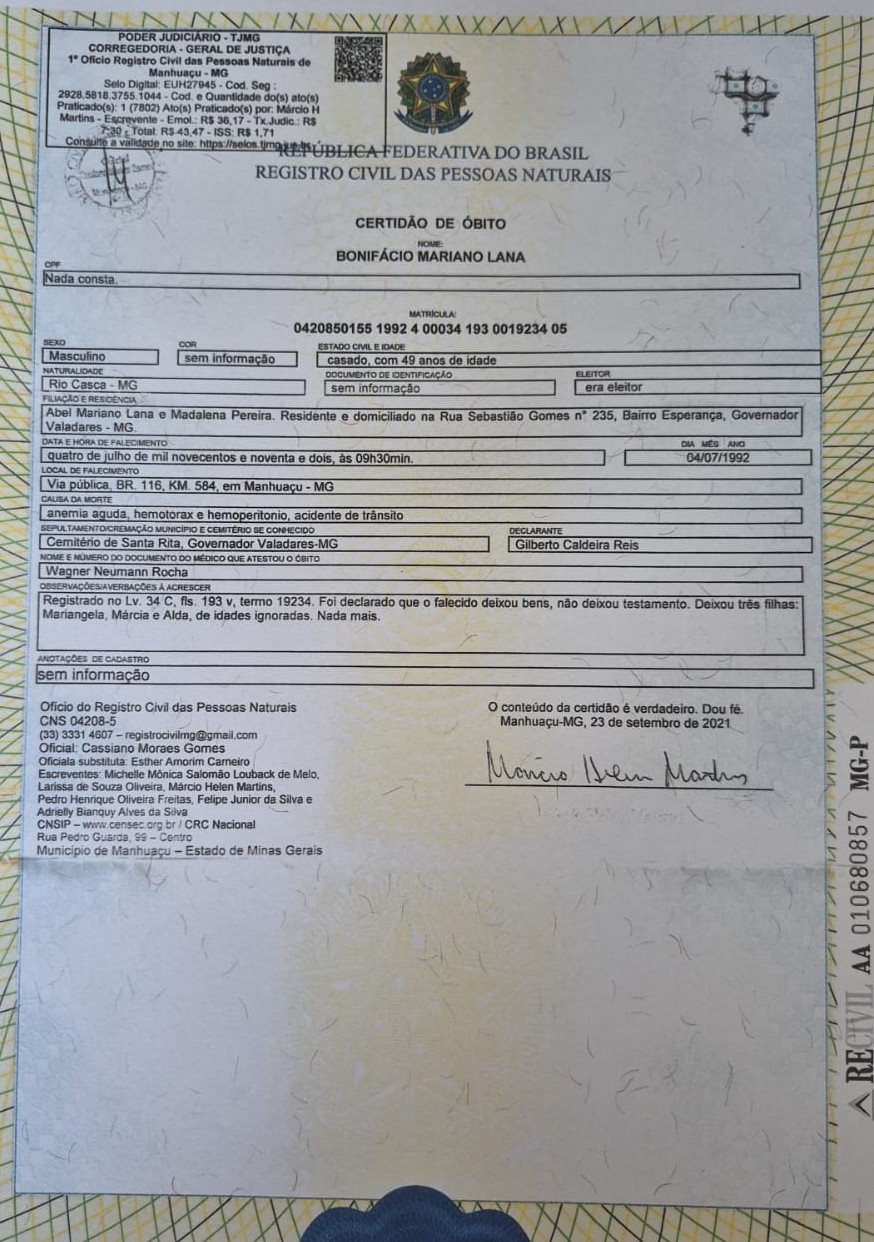 Certidão de Bonifacio Mariano Lana